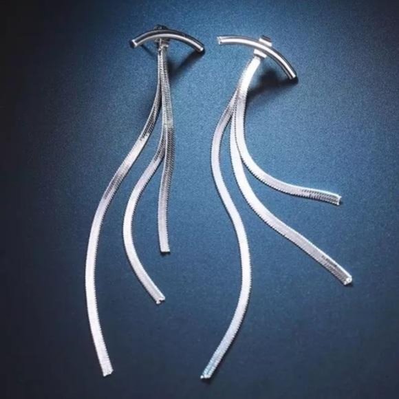 NEW STERLING SILVER BAR LONG TASSEL ARC EARRINGS - Picture 5 of 6